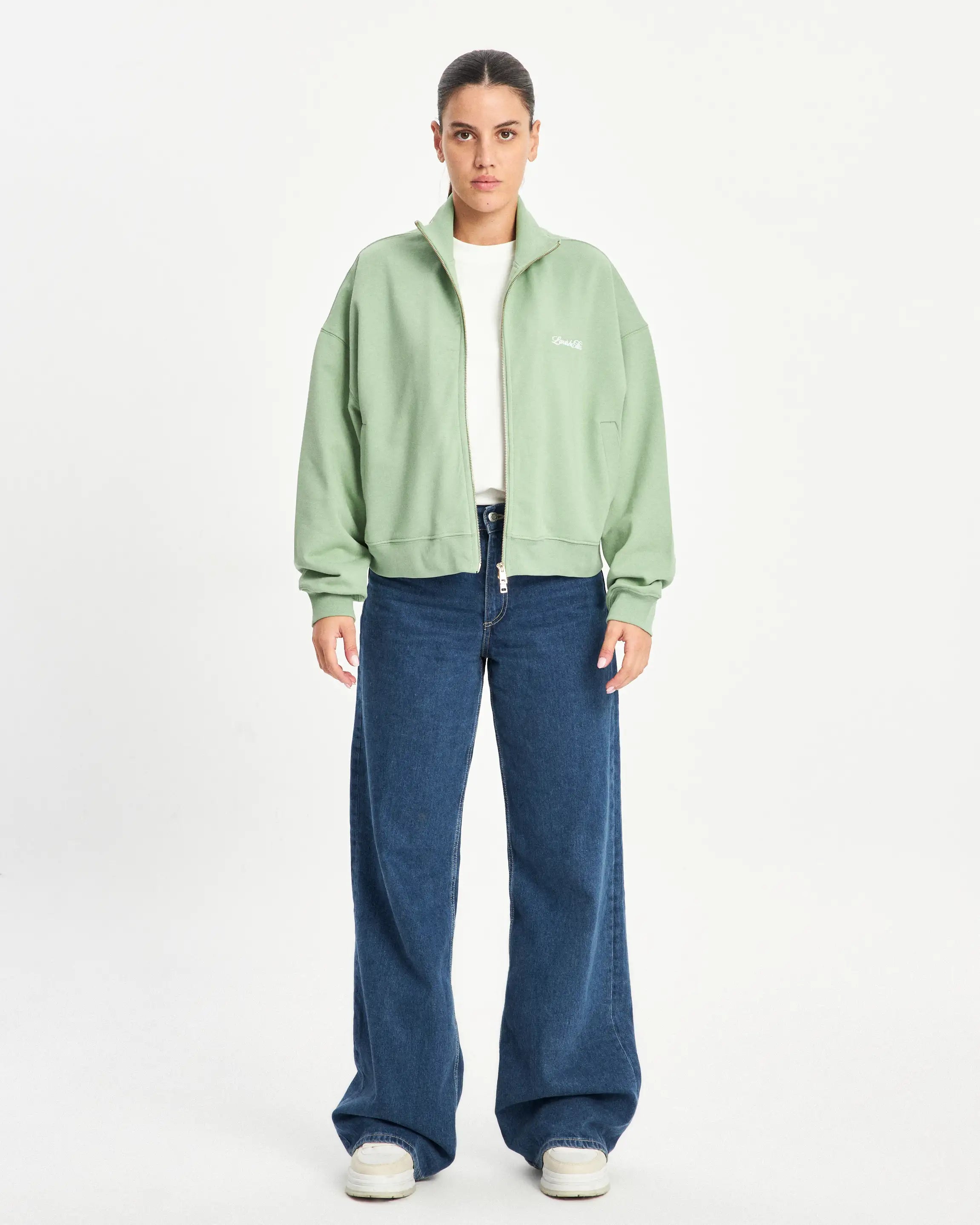 CROPPED ZIP SWEATER - SAGE GREEN